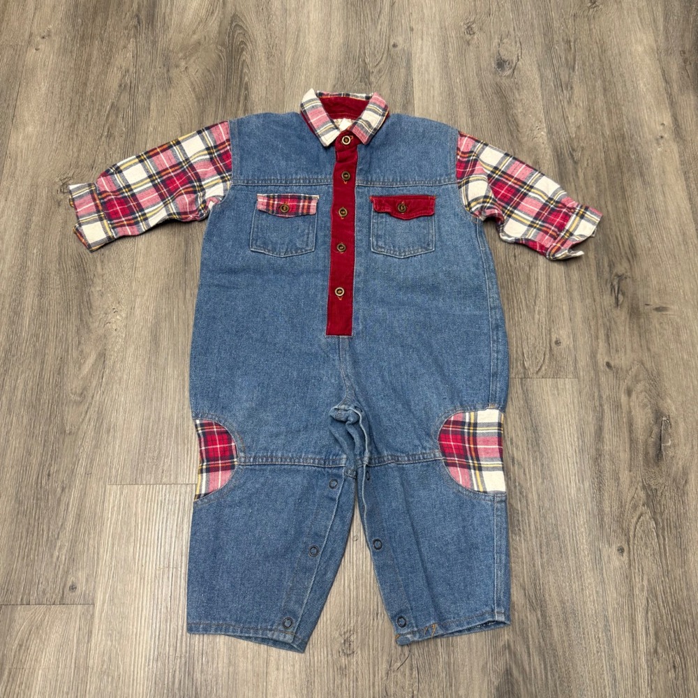 Vintage Baby Beluga New York Kids Blue Denim Plaid Flannel Corduroy Coverall 24M